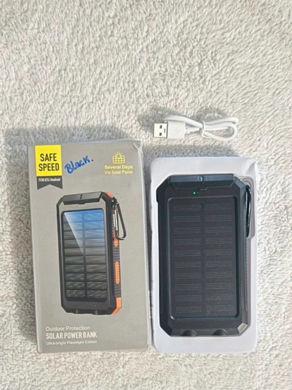 Solar Power Bank 20000 mAh with Flashlight, Dual USB, Waterproof – Black NWT